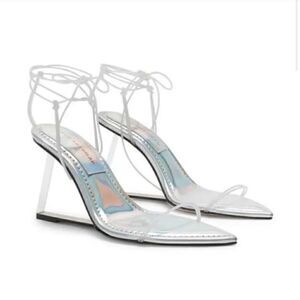 Good American NIB Cinderella Ankle Strap Wedge Sandal in Silver 8.5